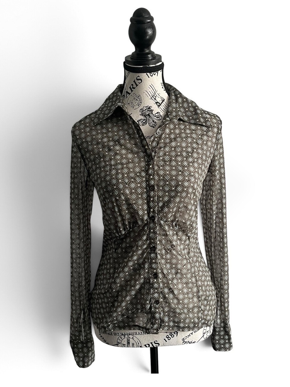 MEXX Y2K Green Sheer Floral Mesh Blouse Fitted Button Front Long Sleeve
